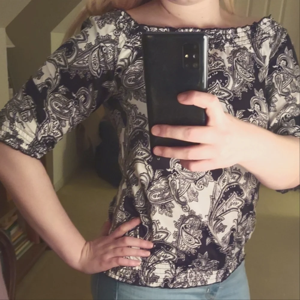 Black and White Satin Blouse with boat neck and ruched features, Size Small - Picture 1 of 5